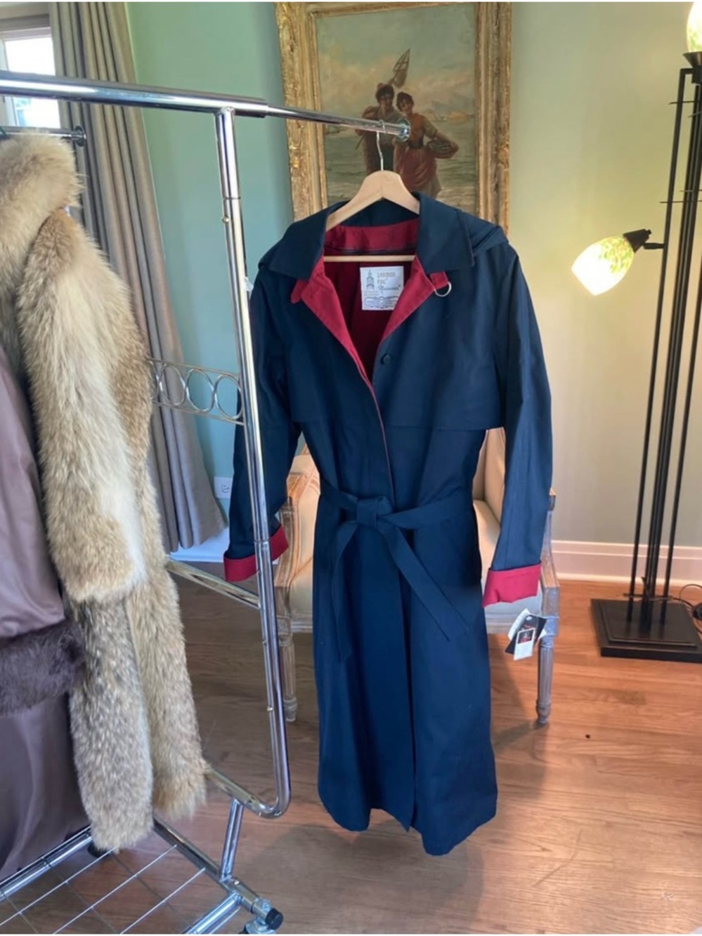 Classic Navy Trench Coat with Red Trim - Belted Silhouette